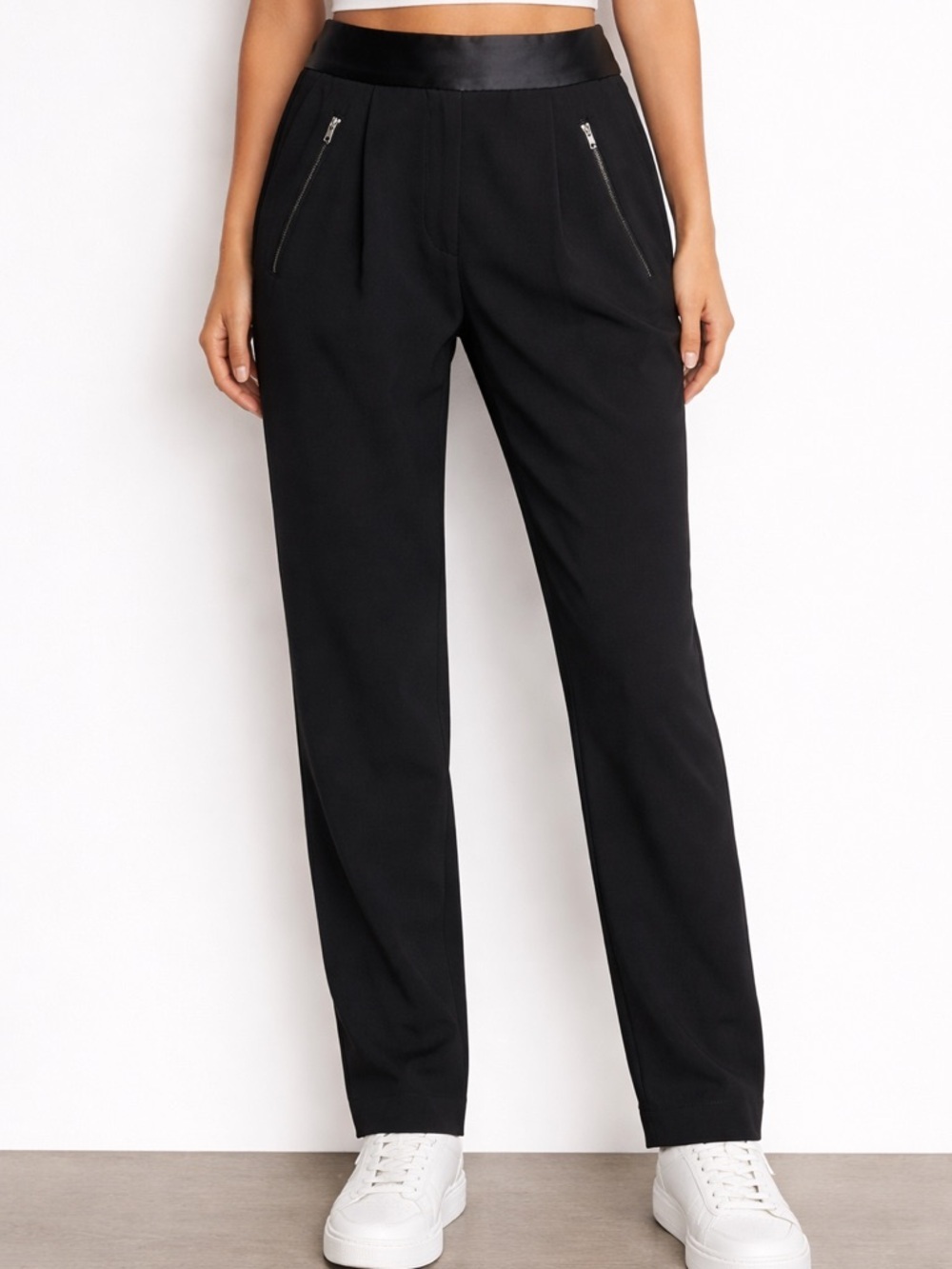 Tailored High-Waist Black Pants with Satin Trim